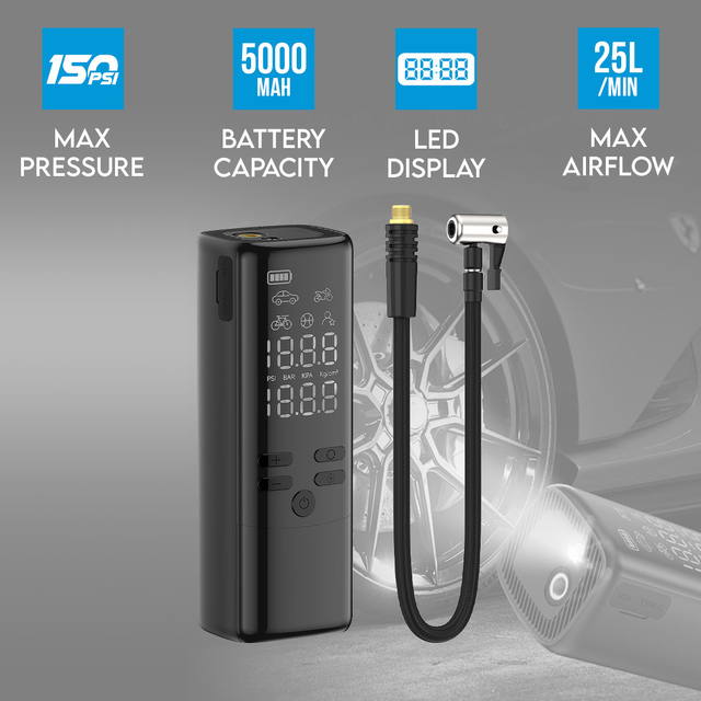 2 in 1 Wireless Car Air Pump 150PSI with Screen Display & Mobile Charging 25L/Min Airflow 5000mAh Battery LED Light
