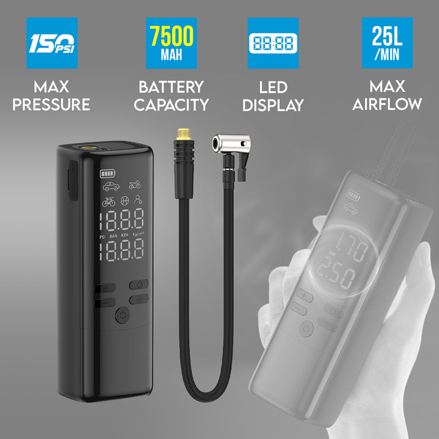 2 in 1 Wireless Car Air Pump 150PSI with Screen Display & Mobile Charging 25L/Min Airflow 7500mAh Battery LED Light