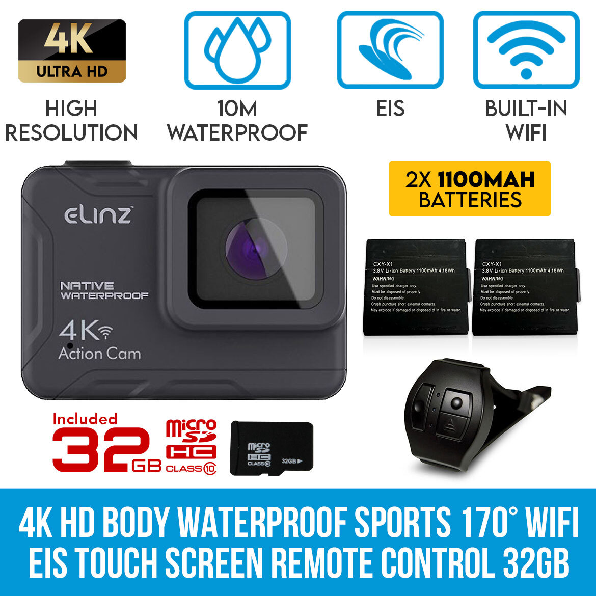 Elinz 4K HD Body Waterproof Sports Action Camera 170Â° WiFi EIS Touch Screen Remote Control 32GB