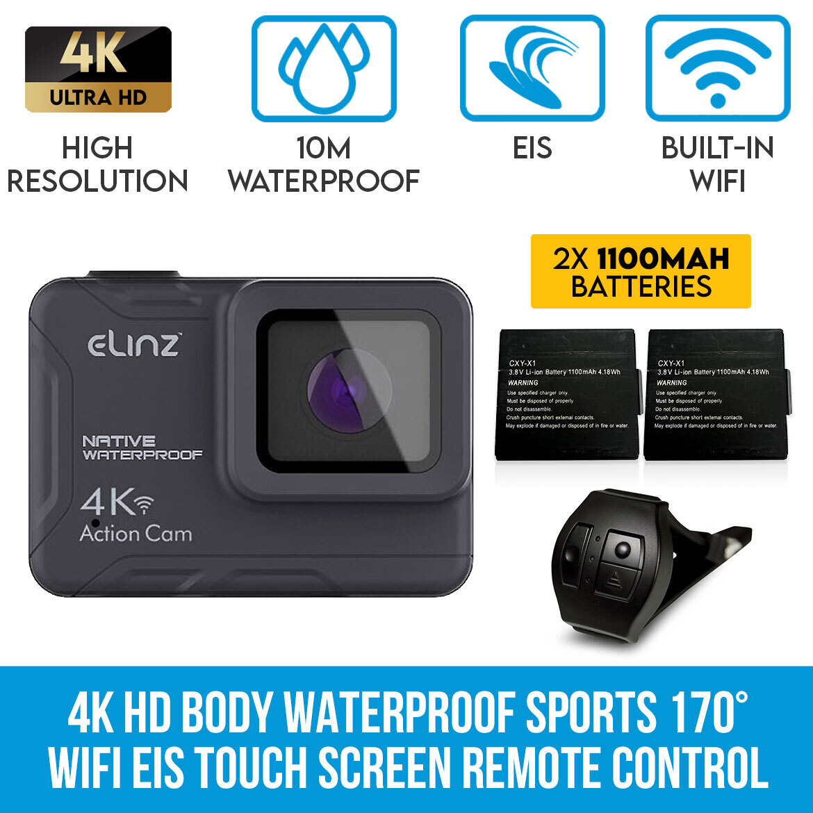 Elinz 4K HD Body Waterproof Sports Action Camera 170Â° WiFi EIS Touch Screen Remote Control
