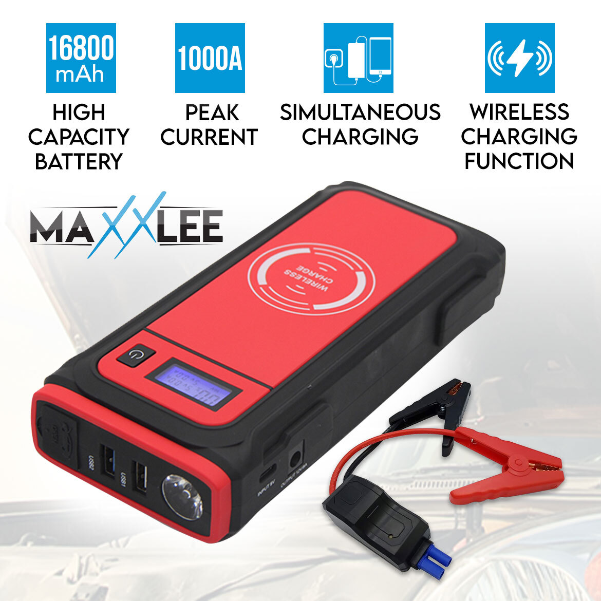 Maxxlee 1500A Car 12V Vehicle Portable Emergency Jump Starter & Battery Charger 20000mAh Wireless Charging Power Bank
