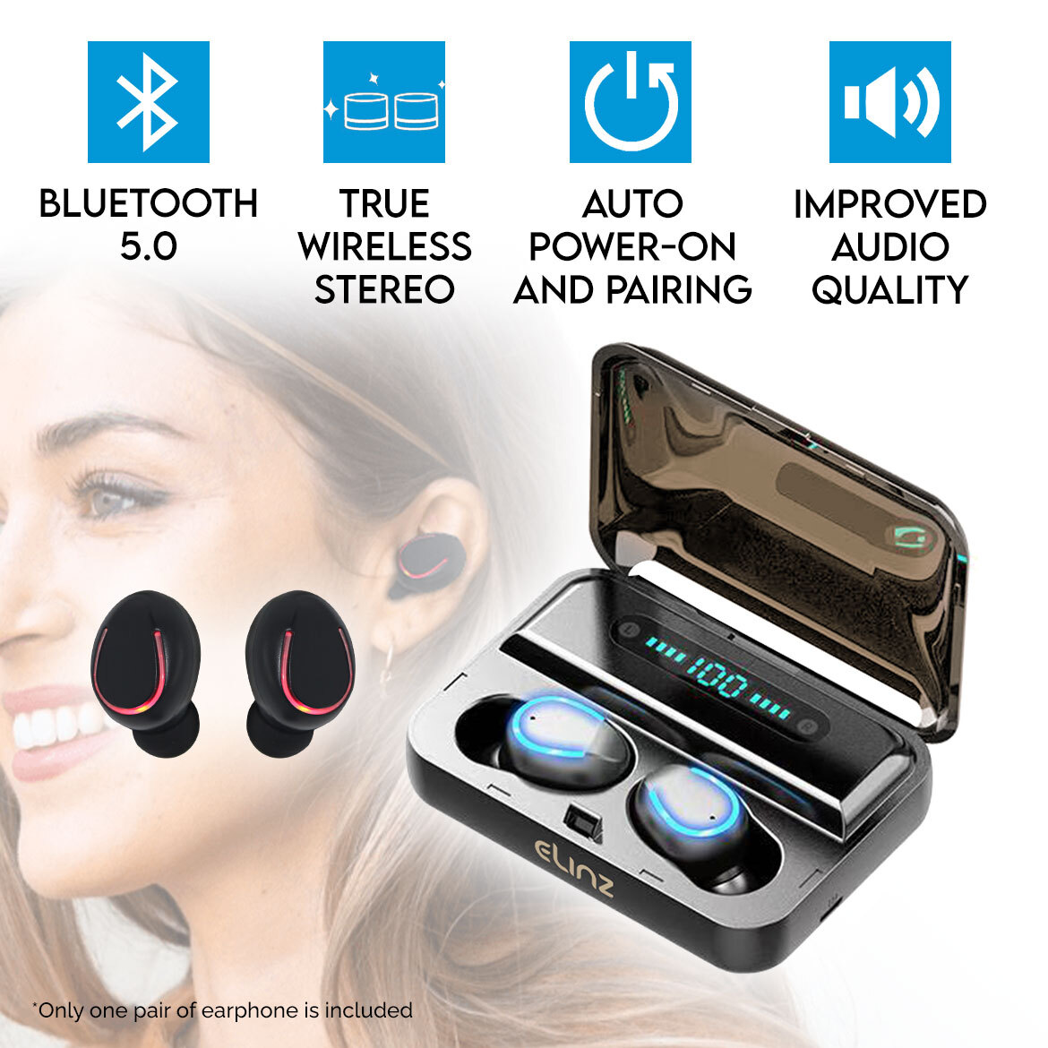 Elinz TWS Bluetooth 5.0 Wireless Ear Buds Headphone Headset Noise Reduction MIC 3500mAh Charging Case LED Display IP65 Call & Music