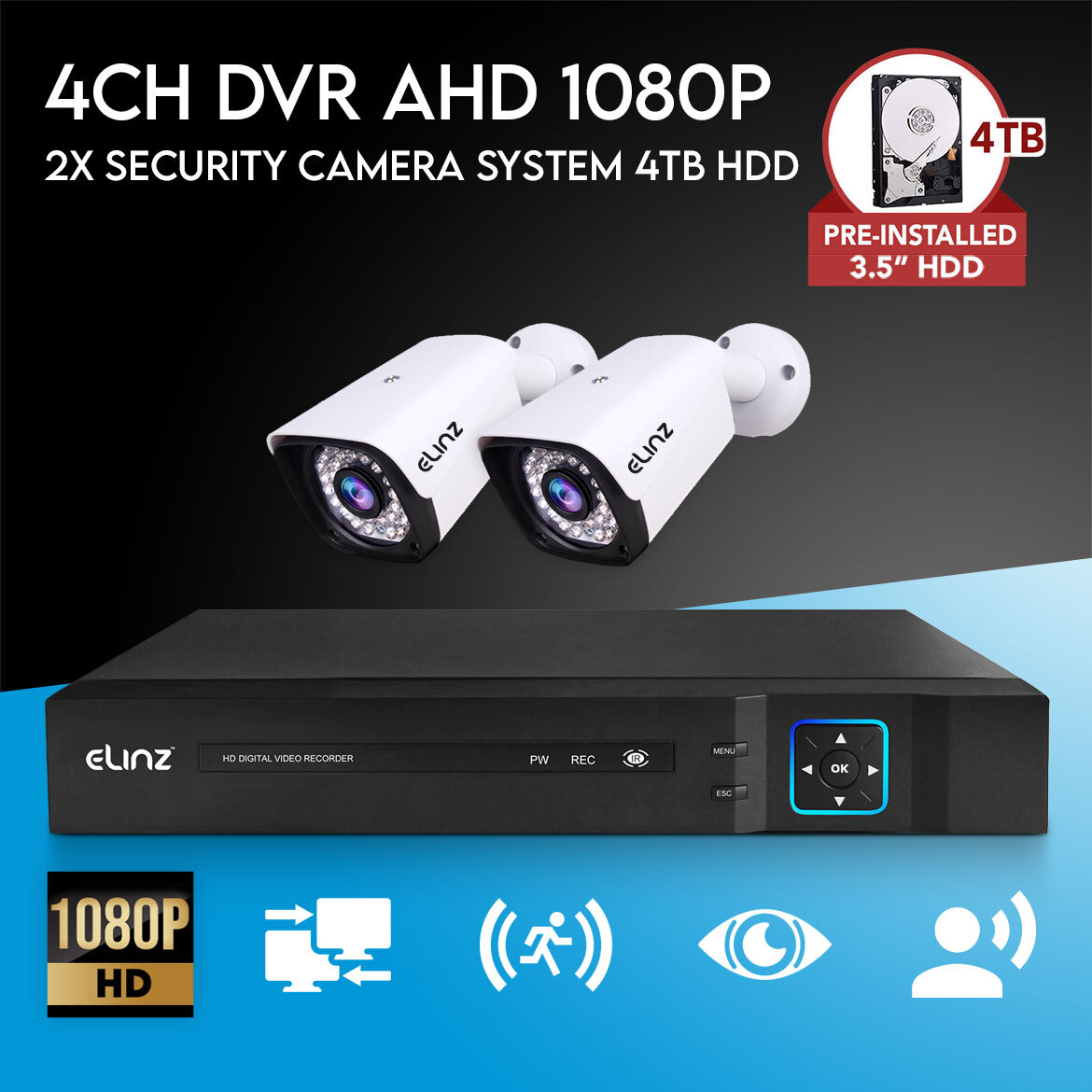 Elinz 4CH DVR AHD 1080P HD CCTV 2x Outdoor Bullet Security Camera System Surveillance Video & Audio Recording 4TB HDD