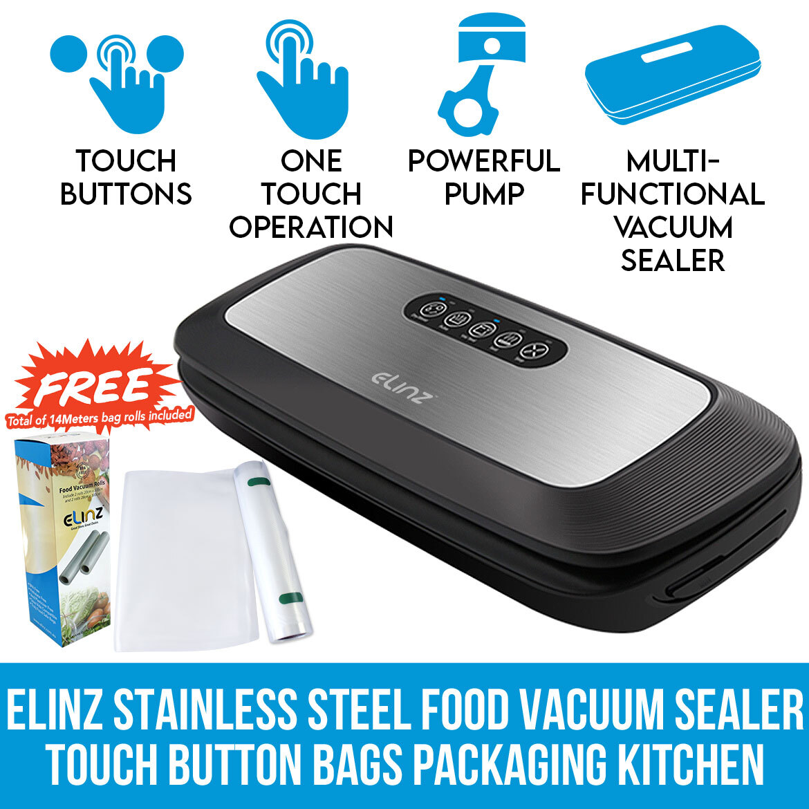 Elinz Stainless Steel Food Vacuum Sealer 4X EXTRA Rolls Packaging Storage Saver Kitchen