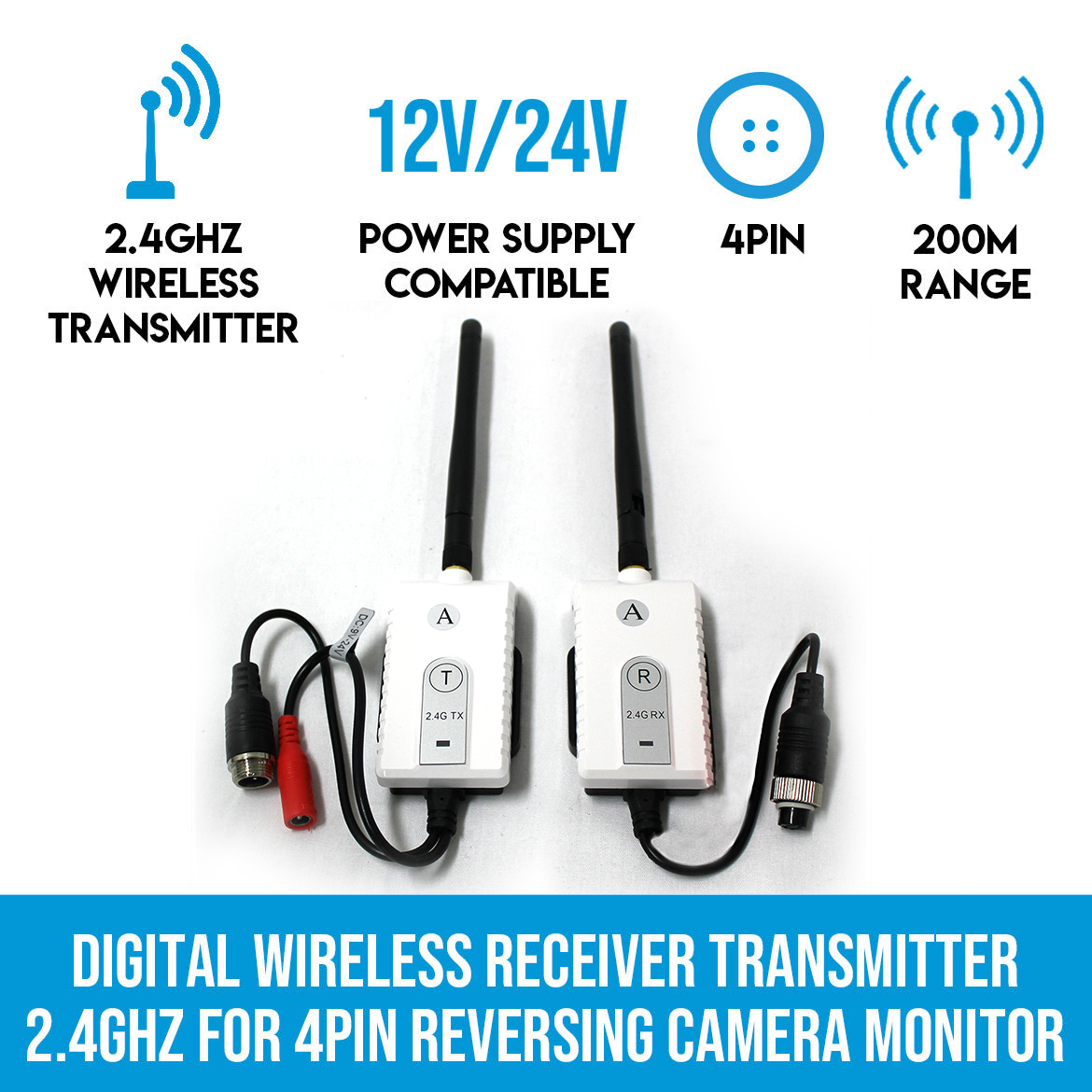 Elinz Digital Wireless Receiver Transmitter 2.4GHz For 4PIN Reversing Camera Monitor Channel 2