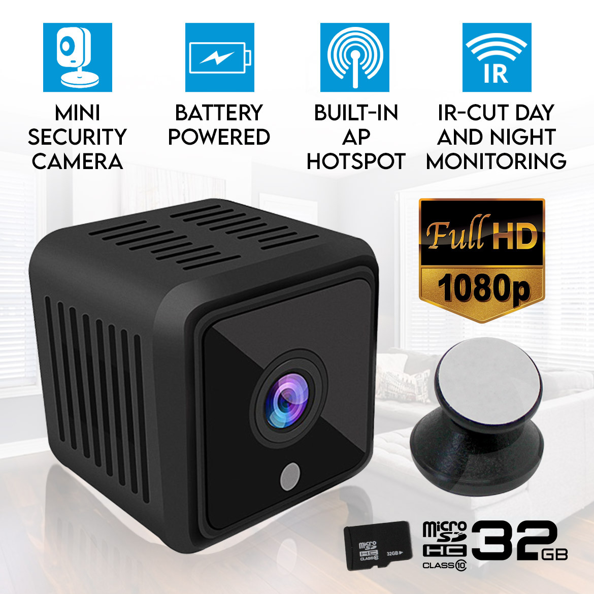Elinz Mini Spy Security Hidden WiFi Camera 1080P CCTV Built-in Battery Night Vision 180 Mins 32GB
