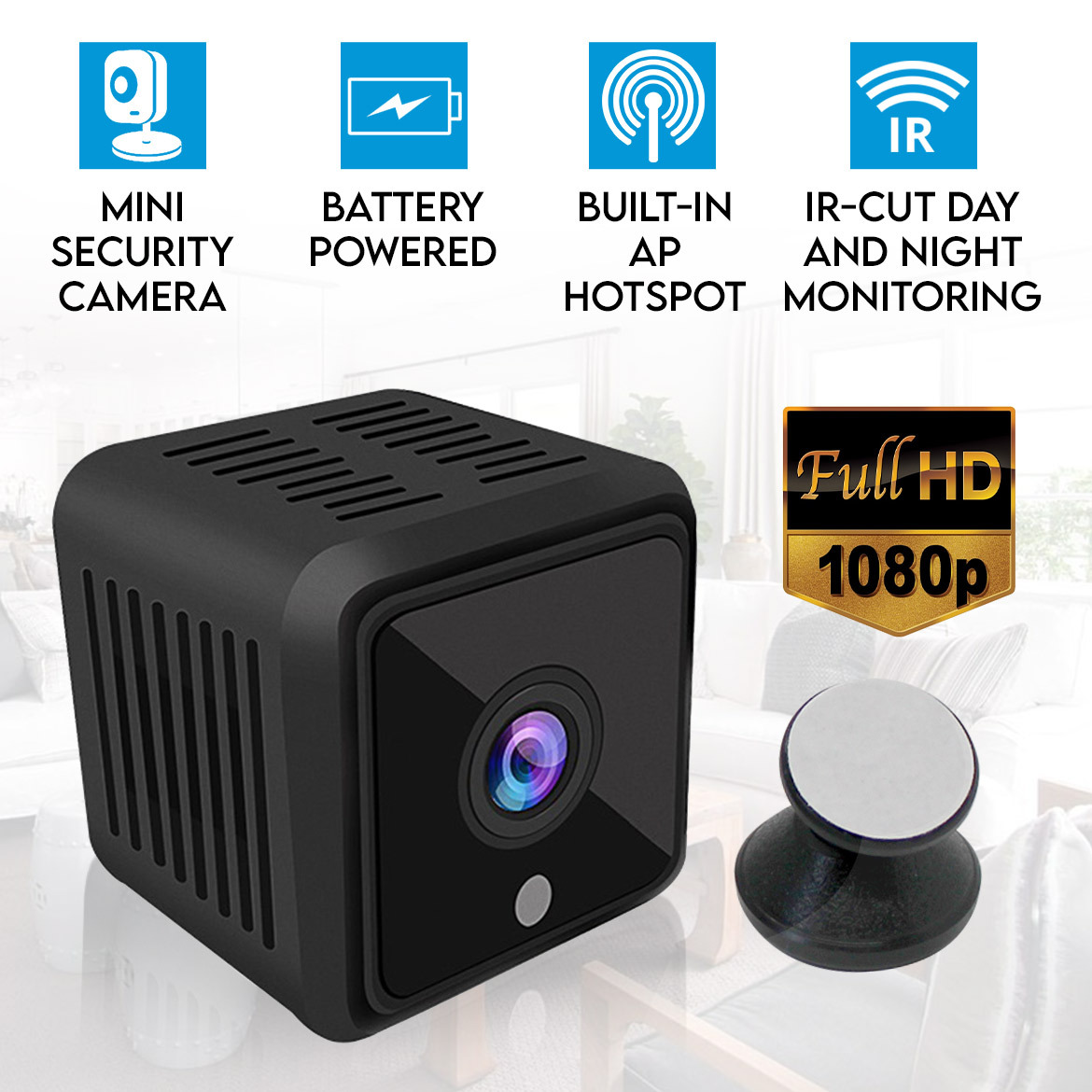 Elinz Mini Spy Security Hidden WiFi Camera 1080P CCTV Built-in Battery Night Vision 180 Mins