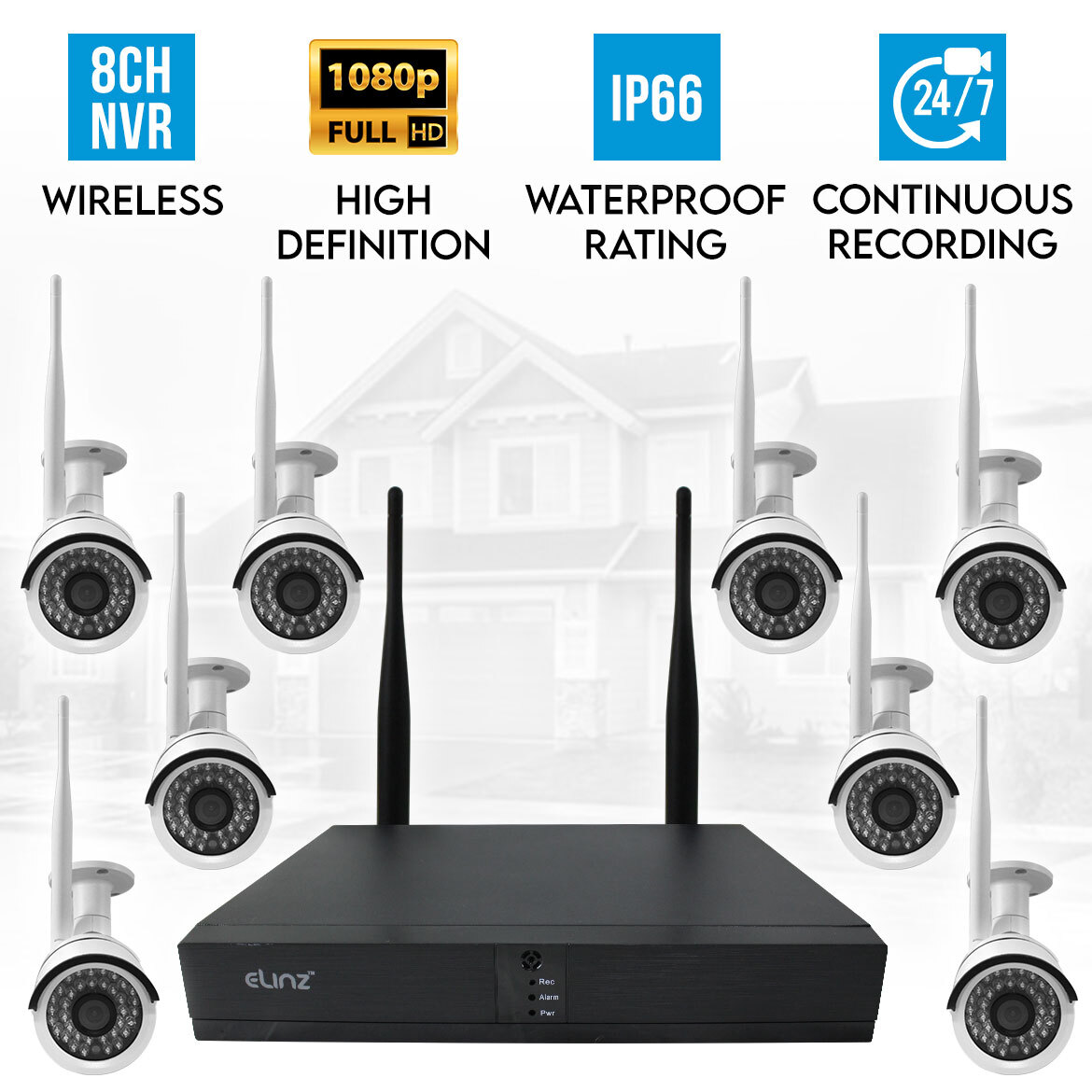 Elinz 8CH CCTV Wireless Security System 2MP IP WiFi 8x Camera 1080P NVR Outdoor No Hard Drive Included