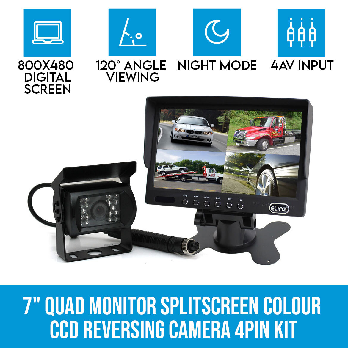 7-Inch Split Screen Monitor for up to 4 Backup Cameras