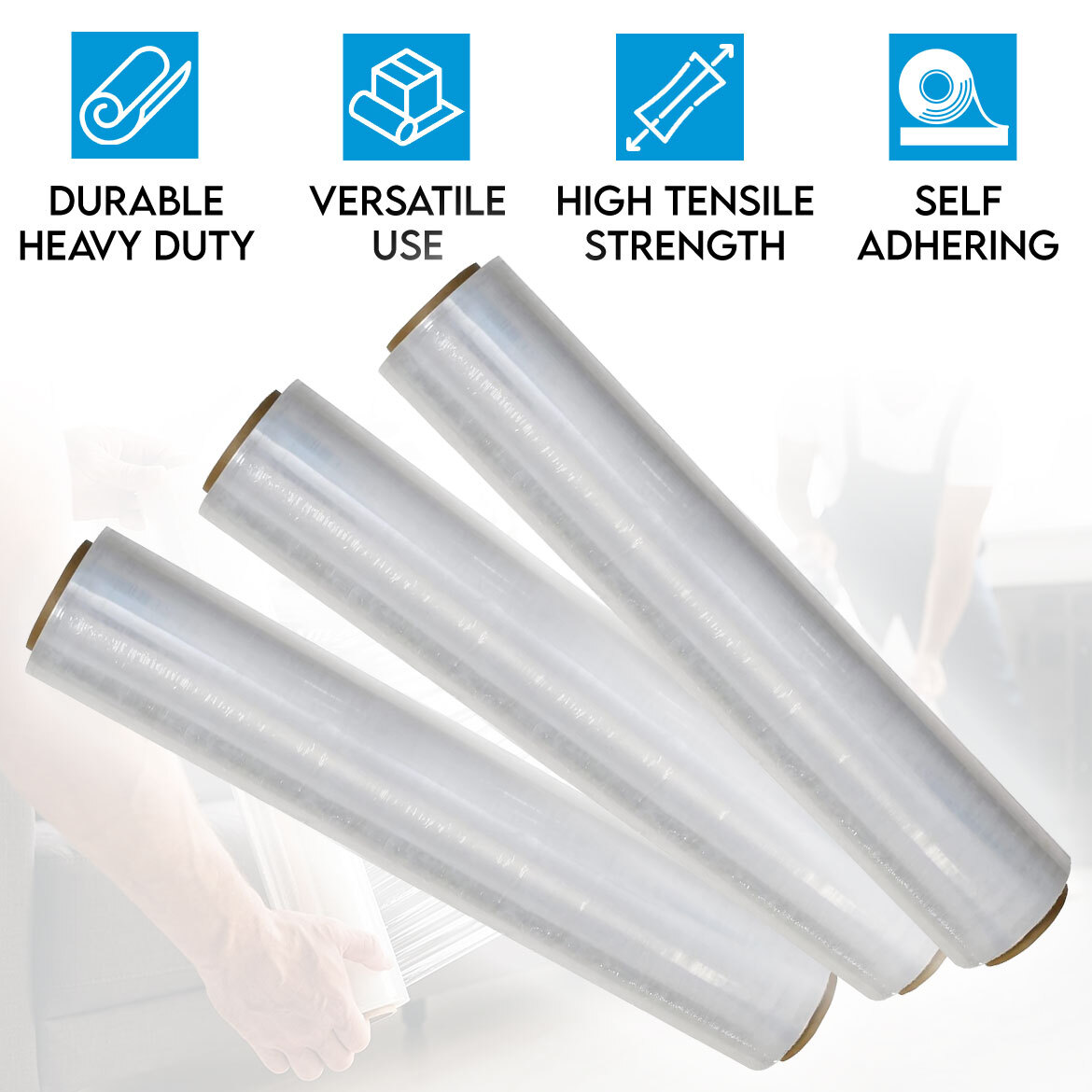 Stretch Wrap 500mm X 240M 23Âµ Micron Durable Clear Cling Plastic Pallet Self-Adhering Packing Film 3 Rolls, Heavy Duty, High Tensile Strength