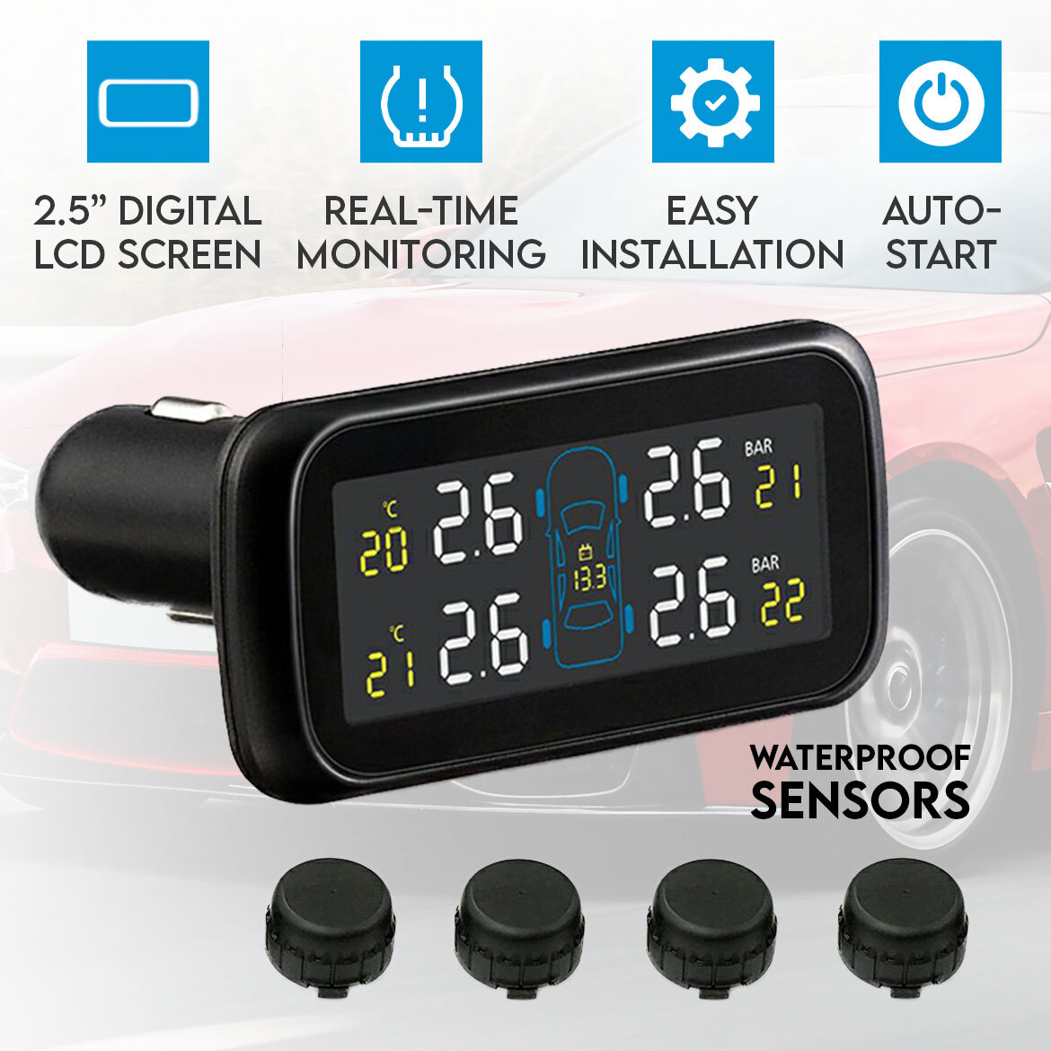Elinz Car Auto Wireless Digital TPMS Tire Tyre Pressure Monitoring System 4x Waterproof Sensors