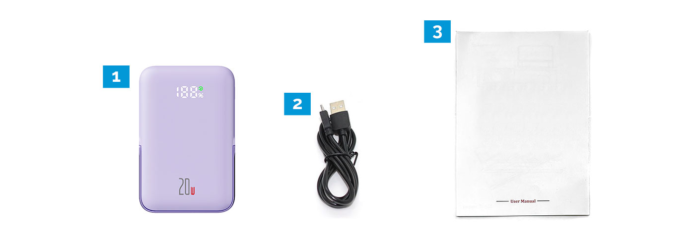 Power Bank, Cable, Manual