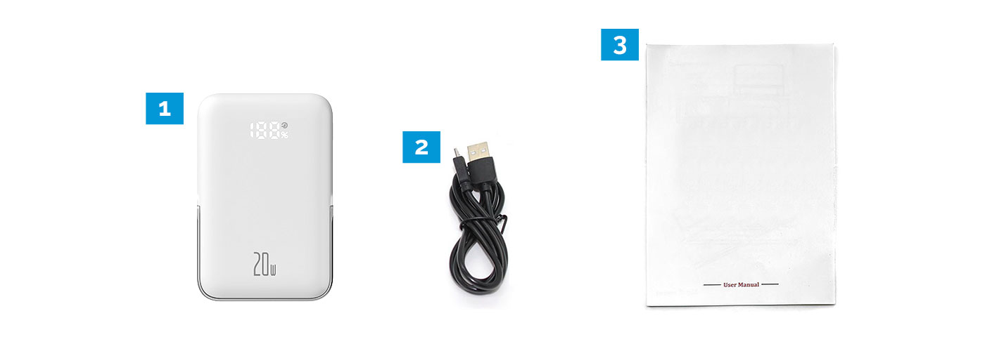 Power Bank, Cable, Manual