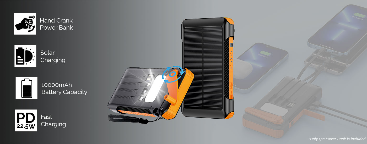 10000mAh Hand Crank Solar Charging PD22.5W Power Bank