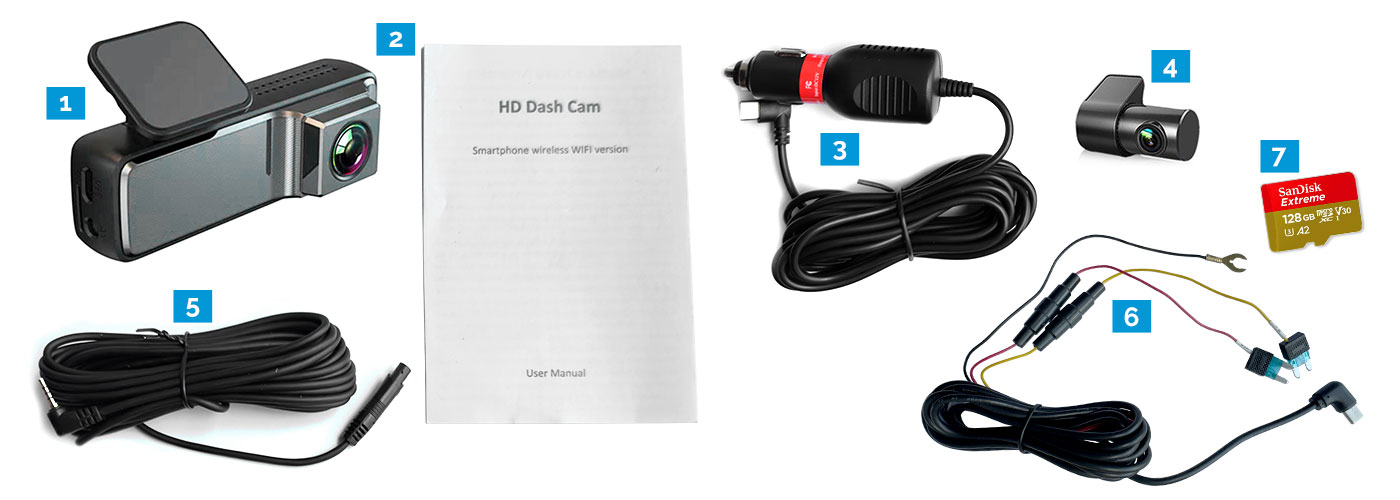 Dash Cam, Power Adapter, Rear Camera, Accessories