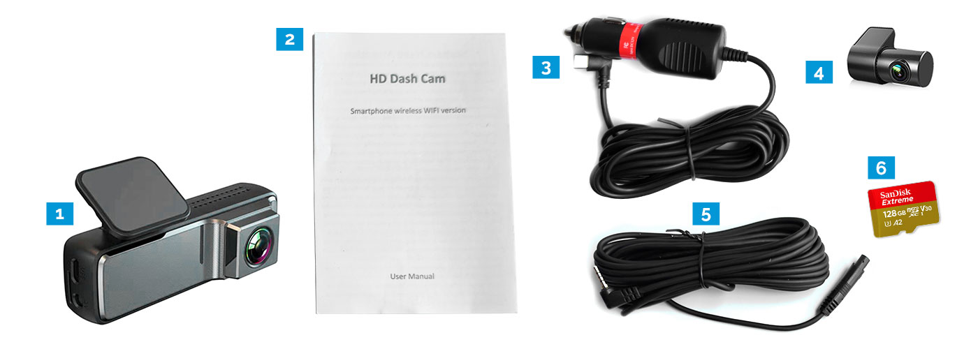 Dash Cam, Power Adapter, Rear Camera, Accessories