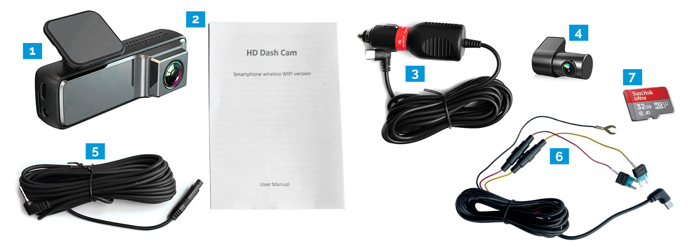 Dash Cam, Power Adapter , Rear Camera, Accessories