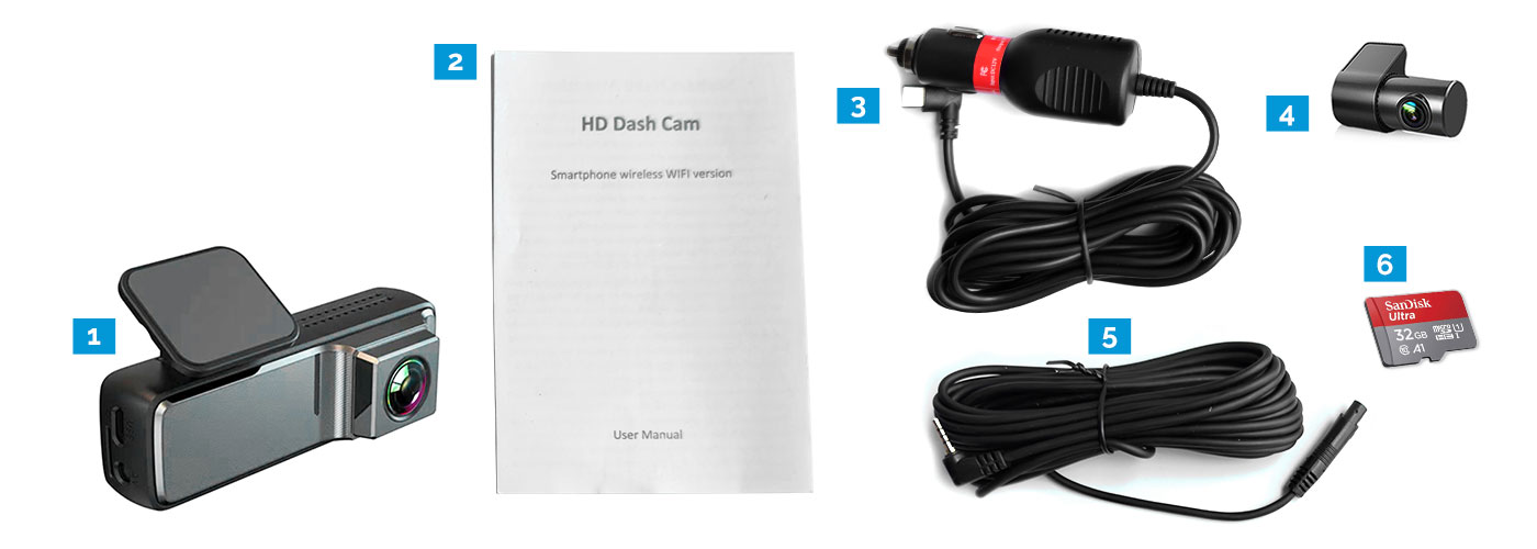 Dash Cam,  Power Adapter , Rear Camera, Accessories