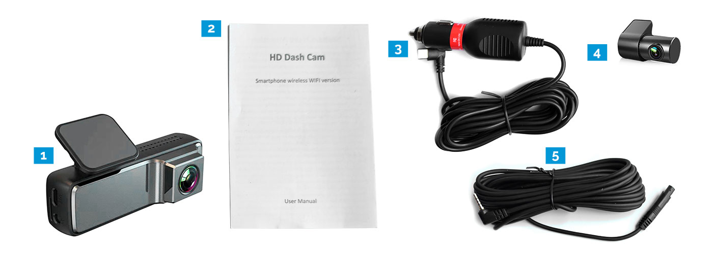 Dash Cam, Power Adapter, Rear Camera, Accessories