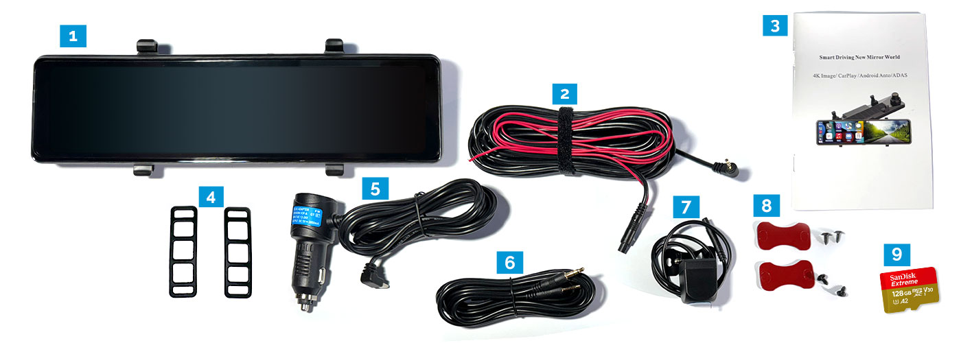 11.26 Inches Clip On Rear View Mirror Dash Cam, Reverse Camera, Charger, Cable