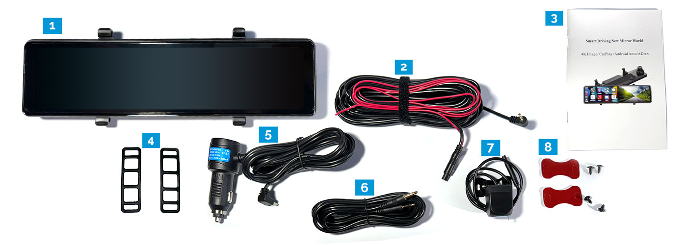 11.26 Inches Clip On Rear View Mirror Dash Cam, Reverse Camera, Charger, Cable