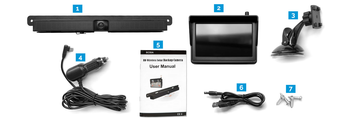 License Plate Backup Camera, Monitor, Accessories