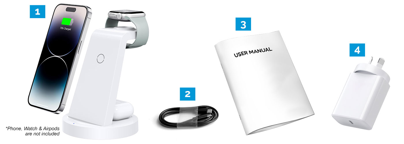 Wireless Charging Station, Cable, Manual, Adapter