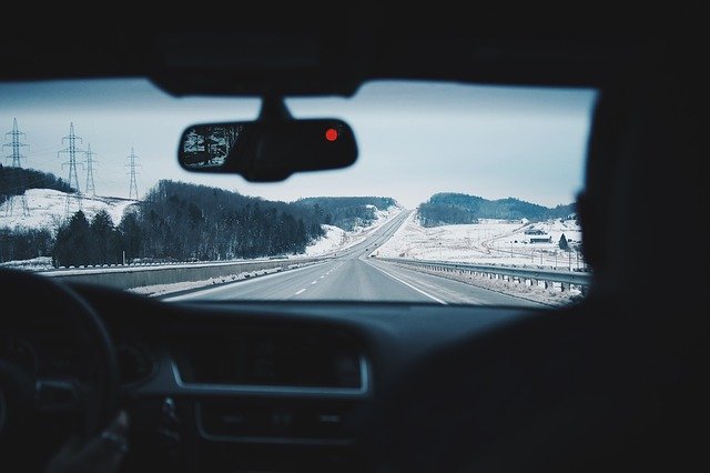 view of road from inside a car