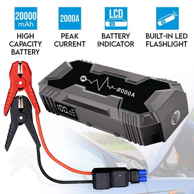 2000A Car 12V Vehicle Portable Emergency Jump Starter 20000mAh Smart Clamp Black Version