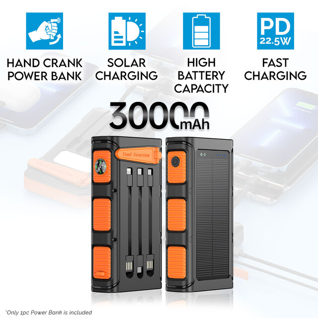 30000mAh Hand Crank Solar Charging PD22.5W Fast Portable Charger Power Bank