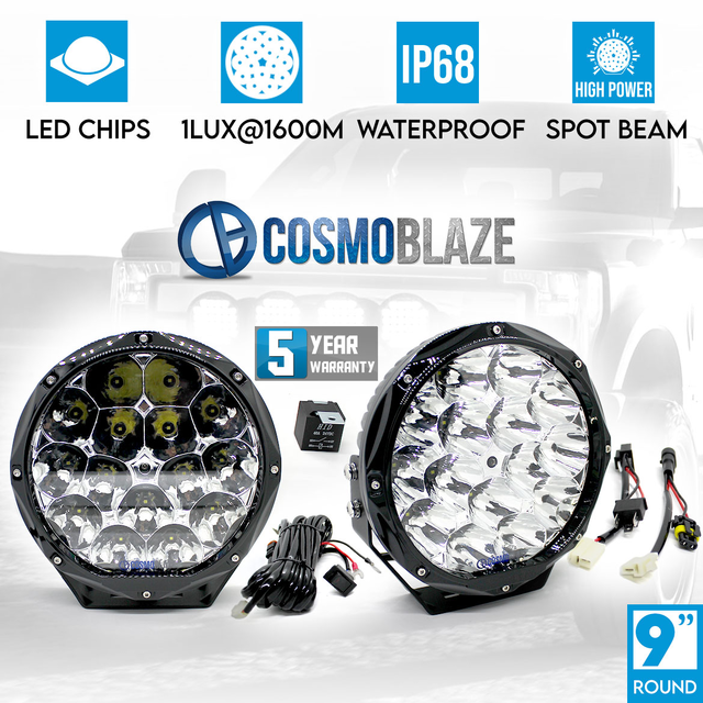 Cosmoblaze 9" Driving Lights LED Pair Round Spot 1LUX 1600M  IP68 DT Wiring Harness