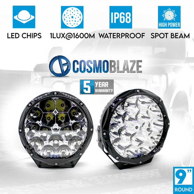 Cosmoblaze 9" Driving Lights Genuine LED Pair Round Spot  1LUX 1600M 4x4 Truck Off Road SUV IP68 Waterproof