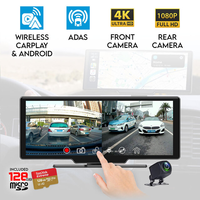 Elinz 10.26" Dashboard Carplay & Android Auto Real 4K + 1080P Dual Dash Cam Camera WiFi ADAS Smart Driving Assistant Car DVR 128GB U3 Card