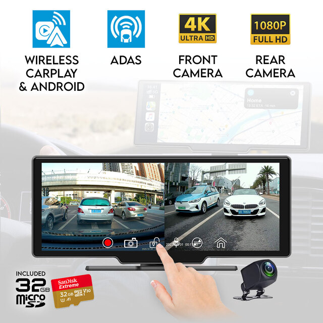 Elinz 10.26" Dashboard Carplay & Android Auto Real 4K + 1080P Dual Dash Cam Camera WiFi ADAS Smart Driving Assistant Car DVR 32GB U3 Card