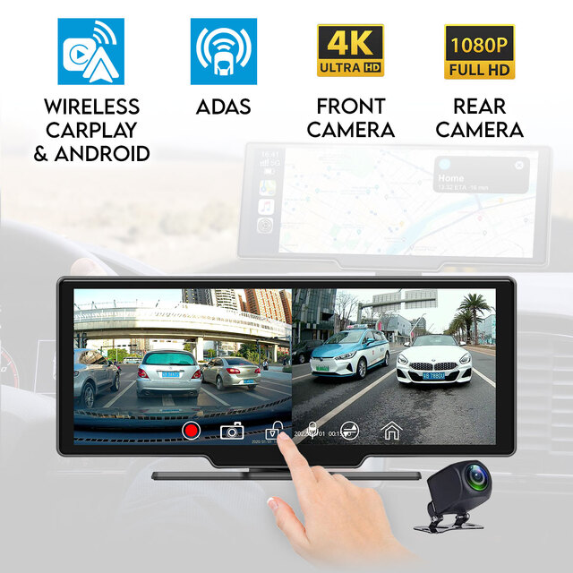 Elinz 10.26" Dashboard Carplay & Android Auto Real 4K + 1080P Dual Dash Cam Camera WiFi ADAS Smart Driving Assistant Car DVR