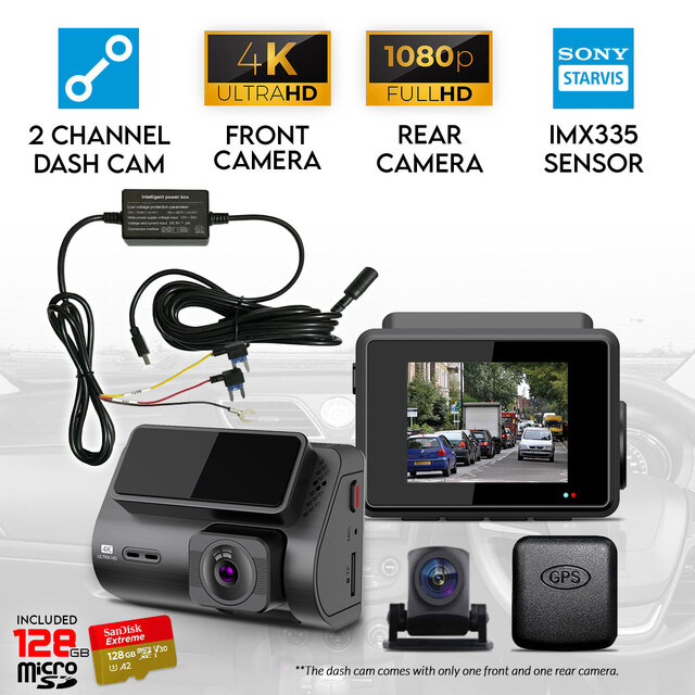 Elinz 2 Channel Dash Cam 4K+1080P WiFi GPS Night Vision Supercapacitor Sony Starvis Car DVR 128GB U3 Card Hardwire kit