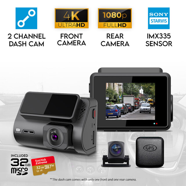 Elinz 2 Channel Dash Cam 4K+1080P WiFi GPS Night Vision Supercapacitor Sony Starvis Car DVR 32GB U3 Card