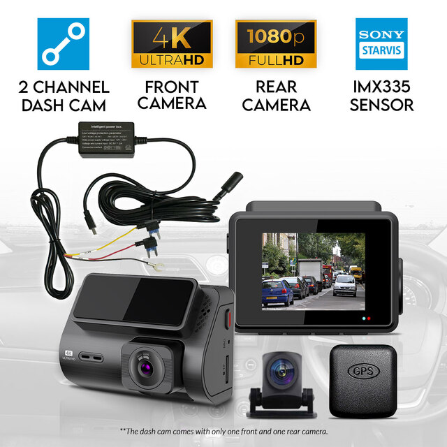 Elinz 2 Channel Dash Cam 4K+1080P WiFi GPS Night Vision Supercapacitor Sony Starvis Car DVR Hardwire Kit