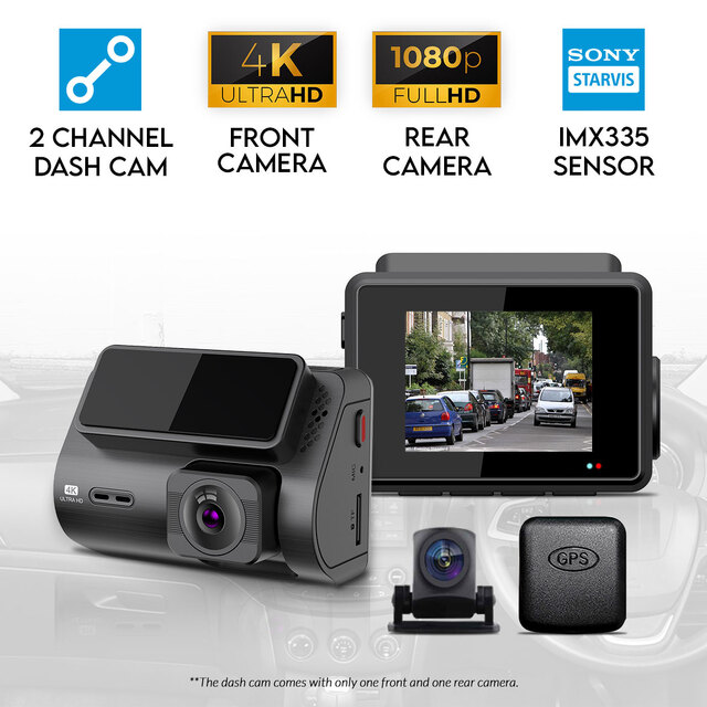 Elinz 2 Channel Dash Cam 4K+1080P AHD Rear Camera WiFi GPS Night Vision Supercapacitor Sony Starvis Car DVR