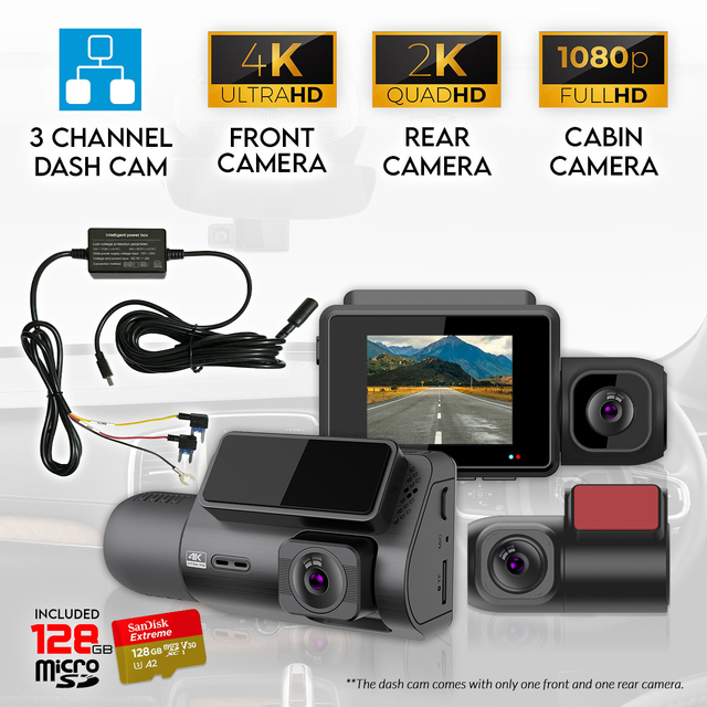 Elinz 3 Channel Dash Cam 4K+1080P+2K Three Way WiFi GPS Night Vision Supercapacitor Sony Starvis Car DVR Hardwire Kit 128GB U3 Card