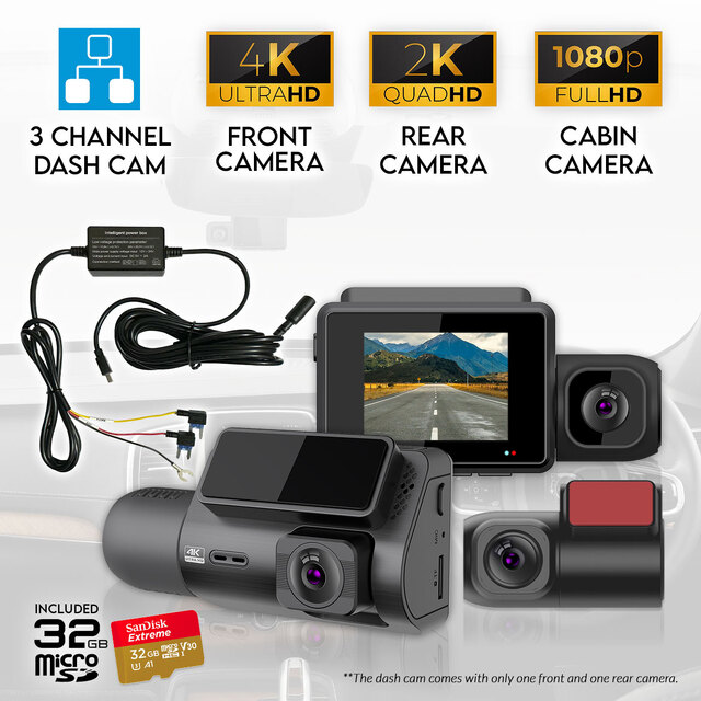 Elinz 3 Channel Dash Cam 4K+1080P+2K Three Way WiFi GPS Night Vision Supercapacitor Sony Starvis Car DVR Hardwire Kit 32GB U3 Card