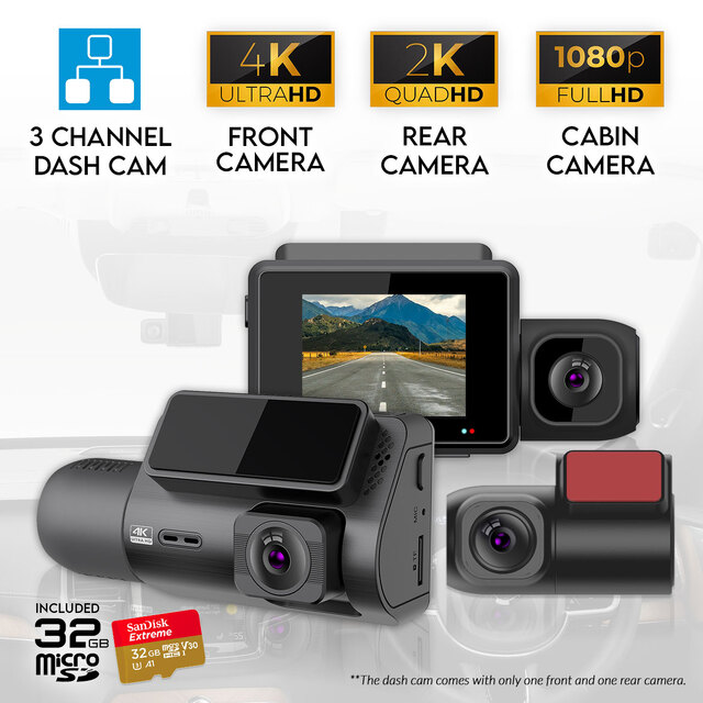 Elinz 3 Channel Dash Cam 4K+1080P+2K Three Way WiFi GPS Night Vision Supercapacitor Sony Starvis Car DVR 32GB U3 Card