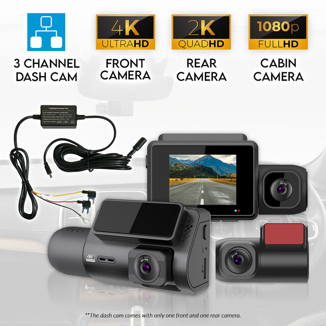 Elinz 3 Channel Dash Cam 4K+1080P+2K Three Way WiFi GPS Night Vision Supercapacitor Sony Starvis Car DVR Hardwire Kit