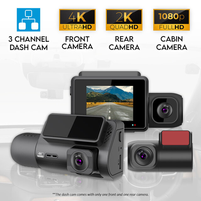 Elinz 3 Channel Dash Cam 4K+1080P+2K Three Way WiFi GPS Night Vision Supercapacitor Sony Starvis Car DVR