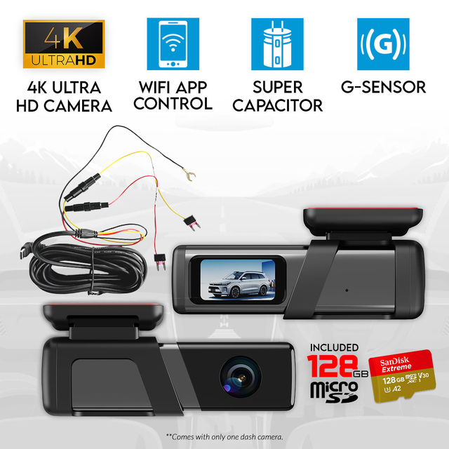 Elinz Single Lens 4K Dash Cam 1.47" Screen WiFi App Control Supercapacitor Compact Car DVR 128GB U3 Hardwire Kit