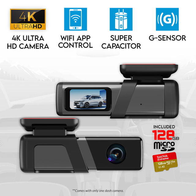 Elinz Single Lens 4K Dash Cam 1.47" Screen WiFi App Control Supercapacitor Compact Car DVR 128GB U3