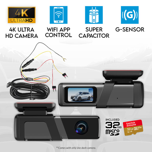 Elinz Single Lens 4K Dash Cam 1.47" Screen WiFi App Control Supercapacitor Compact Car DVR 32GB U3 Hardwire Kit