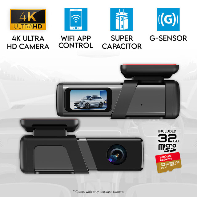 Elinz Single Lens 4K Dash Cam 1.47" Screen WiFi App Control Supercapacitor Compact Car DVR 32GB U3