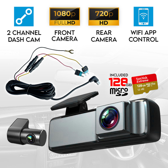 Elinz Dual Lens No Screen Dash Cam 1080P+720P WiFi App Control Supercapacitor Compact Discreet Car DVR128GB U3 Card Hardwire Kit Car DVR