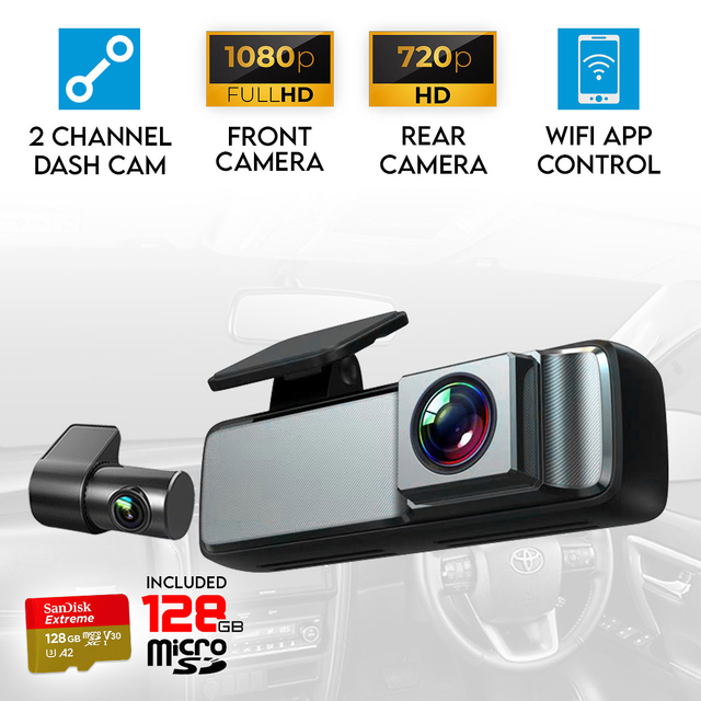 Elinz Dual Lens No Screen 1080P Dash Cam 720P Rear Camera WiFi App Control Supercapacitor Compact Discreet Car DVR 128GB U3